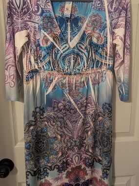 Boho Paisley V-Neck 3/4 Sleeve Dress in Blue & Purple